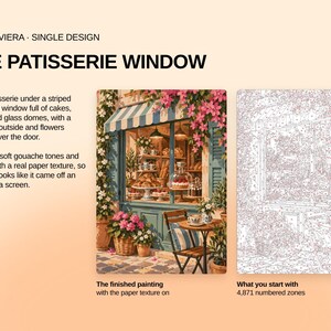 May include: A paint-by-numbers kit titled CAFE RIVIERA THE PATISSERIE WINDOW. It includes a finished painting of a bakery with a striped awning, cakes, and flowers, alongside a line-art canvas with 4,871 numbered zones for painting.