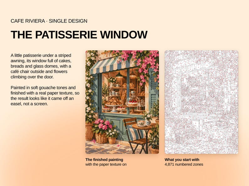 May include: A paint-by-numbers kit titled CAFE RIVIERA THE PATISSERIE WINDOW. It includes a finished painting of a bakery with a striped awning, cakes, and flowers, alongside a line-art canvas with 4,871 numbered zones for painting.