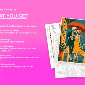 May include: A digital art collection featuring 16 designs with 30 colors each, including Procreate files, color palettes, and PDF, PNG, and SVG versions. The image displays a numbered coloring page of two skeletons under an orange umbrella.