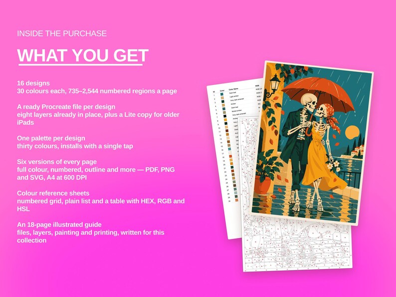 May include: A digital art collection featuring 16 designs with 30 colors each, including Procreate files, color palettes, and PDF, PNG, and SVG versions. The image displays a numbered coloring page of two skeletons under an orange umbrella.