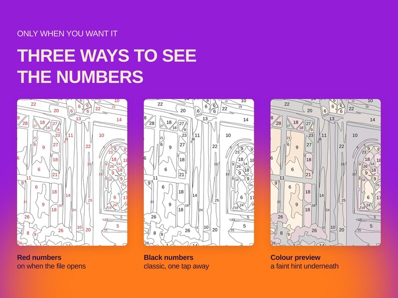 May include: A digital graphic displaying three ways to see numbers in a paint-by-number interface. Text reads: ONLY WHEN YOU WANT IT, THREE WAYS TO SEE THE NUMBERS. The three panels show red numbers, black numbers, and a color preview with faint hints.