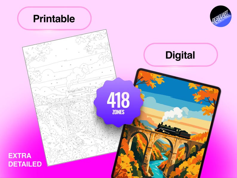 Pode incluir: Um conjunto de pintura por n&uacute;meros com um modelo a preto e branco com zonas numeradas e uma ilustra&ccedil;&atilde;o a cores de um comboio a vapor a atravessar uma ponte de pedra sobre um rio. O texto diz Printable, Digital, 418 ZONES e EXTRA DETAILED.