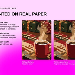 May include: A digital graphic display featuring the text INCLUDED IN EVERY FILE PAINTED ON REAL PAPER. It shows two side-by-side illustrations of a red coffee mug on a plaid surface with gifts, comparing flat digital color to a paper texture layer.