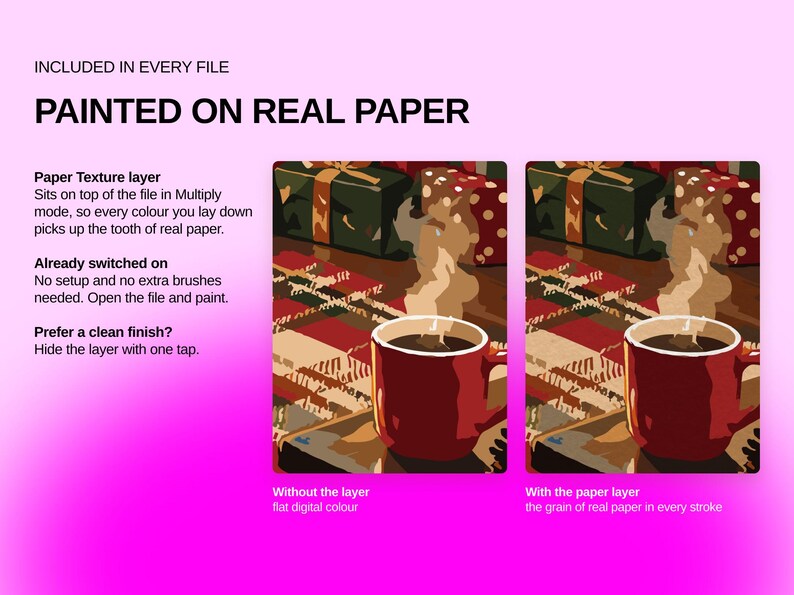 May include: A digital graphic display featuring the text INCLUDED IN EVERY FILE PAINTED ON REAL PAPER. It shows two side-by-side illustrations of a red coffee mug on a plaid surface with gifts, comparing flat digital color to a paper texture layer.