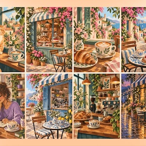 May include: A collage of eight illustrations depicting a Mediterranean cafe scene, featuring an orange cat, a person writing in a journal, various pastries, coffee cups with latte art, blooming pink flowers, and coastal town views with blue striped awnings.