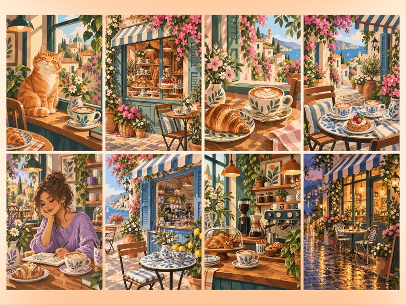 May include: A collage of eight illustrations depicting a Mediterranean cafe scene, featuring an orange cat, a person writing in a journal, various pastries, coffee cups with latte art, blooming pink flowers, and coastal town views with blue striped awnings.
