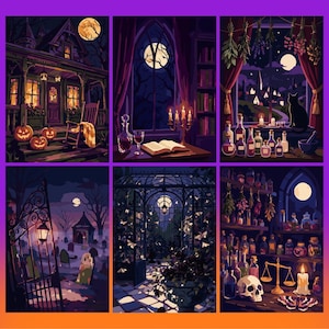 May include: A collection of six digital illustrations featuring nocturnal scenes including a porch with jack-o'-lanterns, a library with an open book, a window with a cat and potions, a misty graveyard, a greenhouse with moths, and a shelf of apothecary jars.