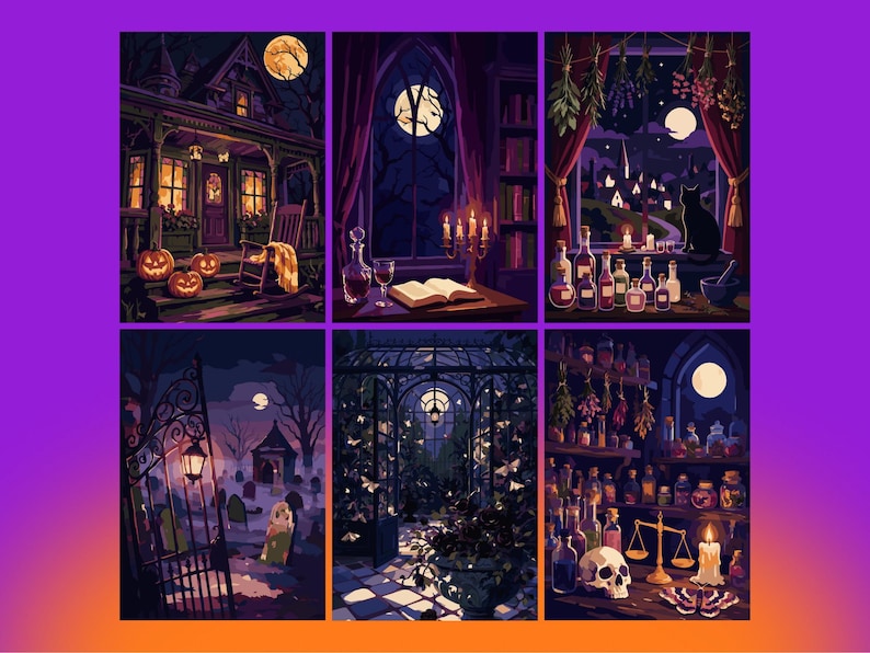 May include: A collection of six digital illustrations featuring nocturnal scenes including a porch with jack-o'-lanterns, a library with an open book, a window with a cat and potions, a misty graveyard, a greenhouse with moths, and a shelf of apothecary jars.