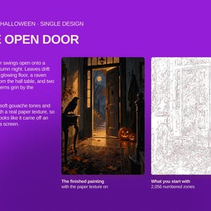 Op de afbeelding: Een schilderen-op-nummer set getiteld The Open Door met een gotische Halloween-sc&egrave;ne. De set bevat een afgewerkt schilderij van een verlichte deuropening met een raaf, pompoenen en bladeren, naast een genummerd sjabloon voor de afbeelding.