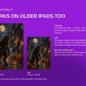 May include: A digital graphic on a purple background displaying iPad compatibility information. It features two illustrations of a werewolf in a moonlit autumn setting, labeled Full size at 600 dpi and 40 MB, and Lite at 300 dpi and 20 MB.