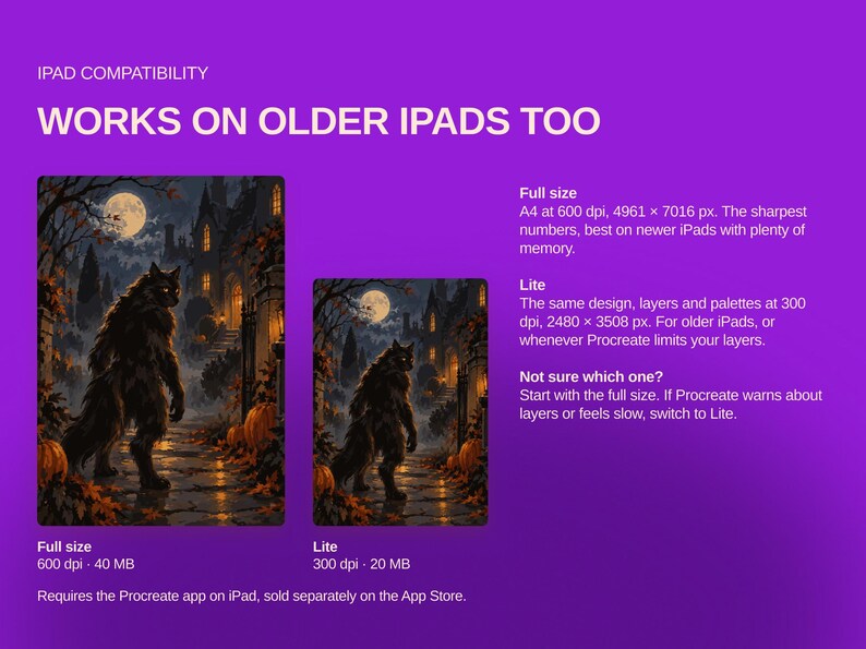 May include: A digital graphic on a purple background displaying iPad compatibility information. It features two illustrations of a werewolf in a moonlit autumn setting, labeled Full size at 600 dpi and 40 MB, and Lite at 300 dpi and 20 MB.