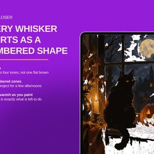 May include: A paint-by-numbers kit featuring a black cat sitting on a windowsill next to a lit candle and a jack-o'-lantern, with a full moon visible through the window. The text reads: LOOK CLOSER EVERY WHISKER STARTS AS A NUMBERED SHAPE.