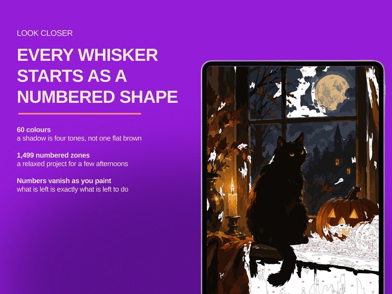 May include: A paint-by-numbers kit featuring a black cat sitting on a windowsill next to a lit candle and a jack-o'-lantern, with a full moon visible through the window. The text reads: LOOK CLOSER EVERY WHISKER STARTS AS A NUMBERED SHAPE.