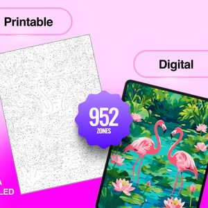 May include: A printable black and white paint-by-number sheet featuring two flamingos and 952 zones, alongside a digital tablet displaying the finished colorful artwork of two pink flamingos in a pond with lotus flowers and green foliage.