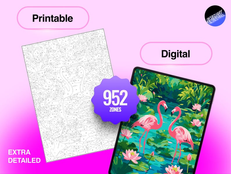 May include: A printable black and white paint-by-number sheet featuring two flamingos and 952 zones, alongside a digital tablet displaying the finished colorful artwork of two pink flamingos in a pond with lotus flowers and green foliage.