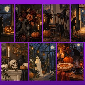 Pu&ograve; includere: Una collezione di sette stampe d'arte digitale a tema Halloween, tra cui un gatto nero su un davanzale, una composizione floreale con un corvo, un cappello da strega su una sedia, una porta illuminata dalla luna, un teschio, un fantasma e una torta.