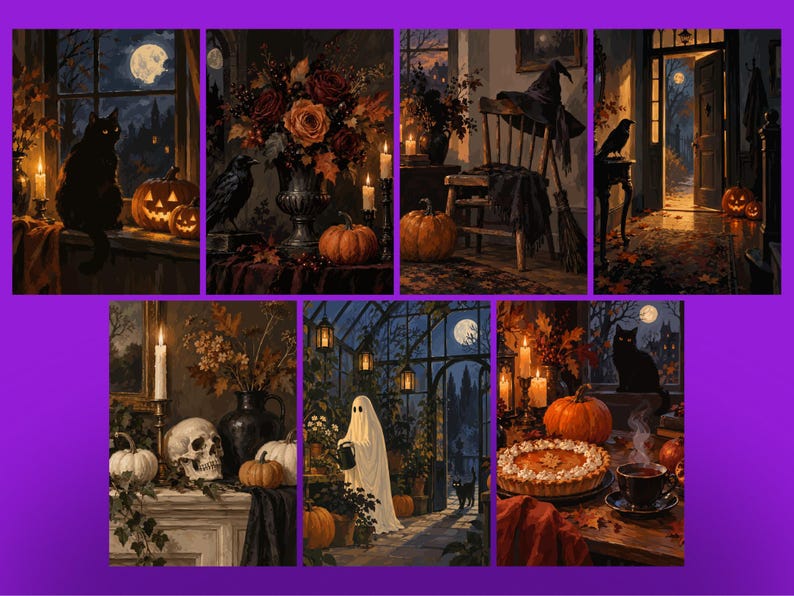 Pu&ograve; includere: Una collezione di sette stampe d'arte digitale a tema Halloween, tra cui un gatto nero su un davanzale, una composizione floreale con un corvo, un cappello da strega su una sedia, una porta illuminata dalla luna, un teschio, un fantasma e una torta.