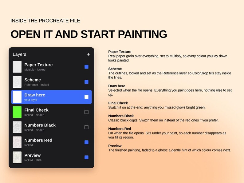 May include: A digital graphic showing a Procreate file layer panel with text labels including Paper Texture, Scheme, Draw here, Final Check, Numbers Black, Numbers Red, and Preview. The main heading reads INSIDE THE PROCREATE FILE OPEN IT AND START PAINTING.