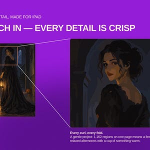 May include: A digital paint-by-number guide featuring a dark-haired person in a black dress holding a lantern, with a black cat and pumpkins nearby. Text includes: HIGH DETAIL, MADE FOR IPAD, PINCH IN &mdash; EVERY DETAIL IS CRISP, Every curl, every fold.