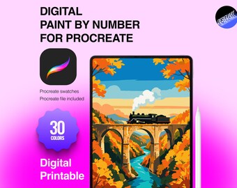 May include: A digital paint by number for Procreate featuring a train crossing a stone bridge over a river with autumn trees. Text includes DIGITAL PAINT BY NUMBER FOR PROCREATE, Procreate swatches, Procreate file included, 30 COLORS, and Digital Printable.