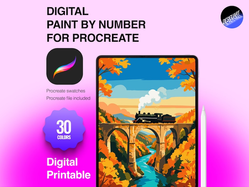 Pode incluir: Um kit de pintura por n&uacute;meros digital para Procreate com um comboio sobre uma ponte de pedra e um rio rodeado de &aacute;rvores de outono. O texto inclui DIGITAL PAINT BY NUMBER FOR PROCREATE, Procreate swatches, Procreate file included, 30 COLORS e Digital Printable.