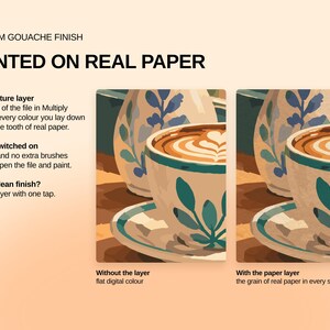 May include: A digital product display featuring the text PREMIUM GOUACHE FINISH PAINTED ON REAL PAPER. It shows two side-by-side illustrations of a coffee cup with blue leaf patterns, comparing a flat digital color version to one with a paper texture.