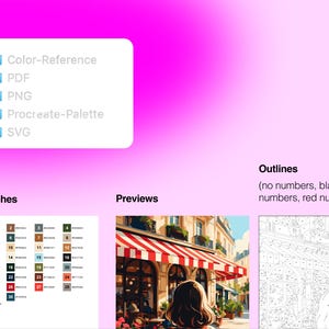 May include: A digital file set featuring a file list with Color-Reference, PDF, PNG, Procreate-Palette, and SVG folders. Includes a color swatch chart with 30 numbered entries, a preview of a Parisian cafe scene, and a numbered outline template.