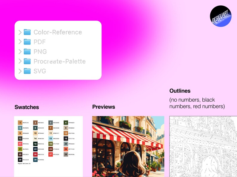 May include: A digital file set featuring a file list with Color-Reference, PDF, PNG, Procreate-Palette, and SVG folders. Includes a color swatch chart with 30 numbered entries, a preview of a Parisian cafe scene, and a numbered outline template.
