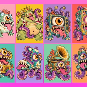 Puede incluir: Una colecci&oacute;n de ocho coloridas ilustraciones que muestran varios monstruos de un solo ojo con tent&aacute;culos. Los personajes incluyen una ba&ntilde;era, un rey, un televisor, una m&aacute;quina expendedora, un cofre del tesoro, un pat&iacute;n, un gram&oacute;fono y un buz&oacute;n.