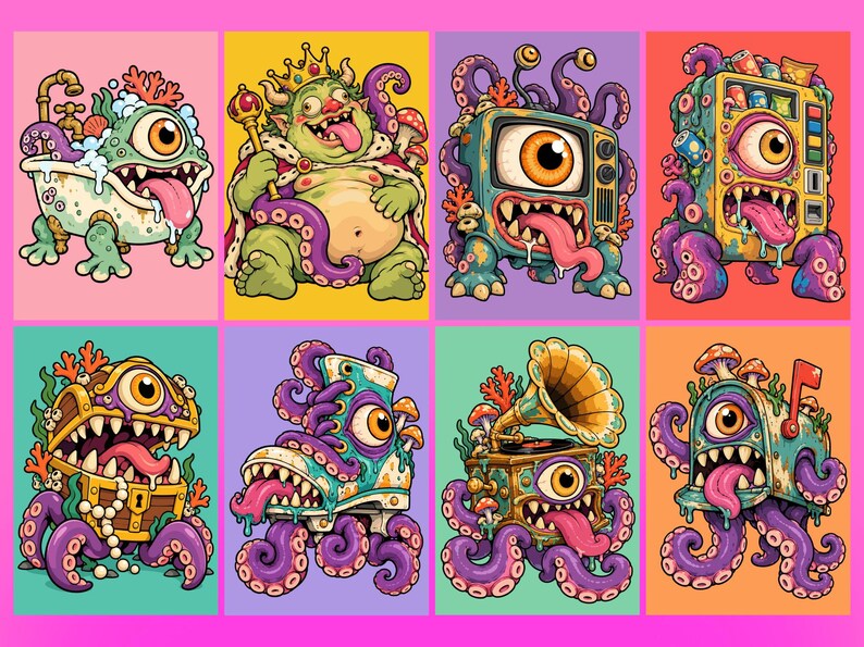 Puede incluir: Una colecci&oacute;n de ocho coloridas ilustraciones que muestran varios monstruos de un solo ojo con tent&aacute;culos. Los personajes incluyen una ba&ntilde;era, un rey, un televisor, una m&aacute;quina expendedora, un cofre del tesoro, un pat&iacute;n, un gram&oacute;fono y un buz&oacute;n.