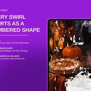 May include: A digital tablet displays a paint-by-number scene featuring a black cat, a pumpkin, a pie, and a steaming mug on a table. Text on the purple background reads: LOOK CLOSER, EVERY SWIRL STARTS AS A NUMBERED SHAPE, 60 colours, 2,670 numbered zones.