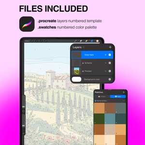 K&ouml;nnte beinhalten: Eine digitale Kunstvorlage f&uuml;r Procreate mit einer nummerierten Landschaftsillustration einer Villa mit Zypressen. Die Datei enth&auml;lt ein Ebenenbedienfeld mit einer Zeichenebene, einer Schemaebene, einer Vorschau und einem nummerierten Farbpaletten-Set.