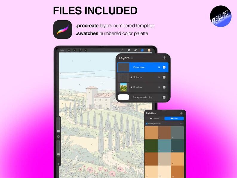 K&ouml;nnte beinhalten: Eine digitale Kunstvorlage f&uuml;r Procreate mit einer nummerierten Landschaftsillustration einer Villa mit Zypressen. Die Datei enth&auml;lt ein Ebenenbedienfeld mit einer Zeichenebene, einer Schemaebene, einer Vorschau und einem nummerierten Farbpaletten-Set.