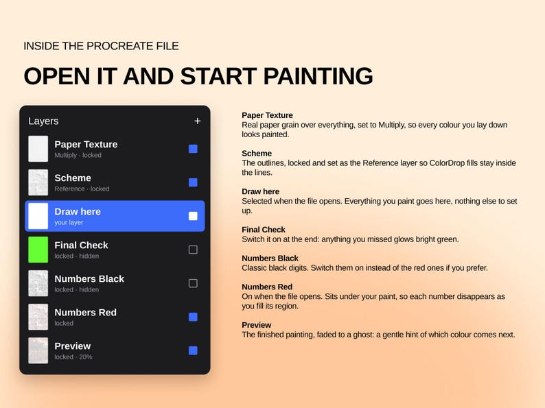 May include: A digital interface graphic titled INSIDE THE PROCREATE FILE OPEN IT AND START PAINTING. It displays a black layers panel with labels: Paper Texture, Scheme, Draw here, Final Check, Numbers Black, Numbers Red, and Preview.