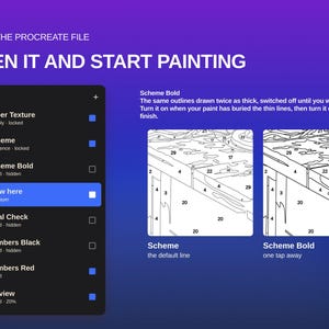 May include: A digital Procreate file interface showing a layers panel with options for Paper Texture, Scheme, Scheme Bold, Draw here, Final Check, Numbers Black, Numbers Red, and Preview, alongside two numbered paint-by-number diagrams.