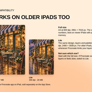May include: An informational graphic titled IPAD COMPATIBILITY WORKS ON OLDER IPADS TOO. It displays two versions of a cafe illustration: Full size at 600 dpi, 4961 x 7016 px, and Lite at 300 dpi, 2480 x 3508 px. Text explains Procreate app requirements.