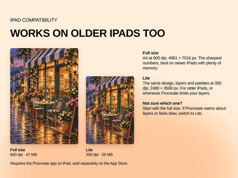 May include: An informational graphic titled IPAD COMPATIBILITY WORKS ON OLDER IPADS TOO. It displays two versions of a cafe illustration: Full size at 600 dpi, 4961 x 7016 px, and Lite at 300 dpi, 2480 x 3508 px. Text explains Procreate app requirements.