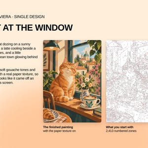 May include: A paint-by-numbers kit titled CAFE RIVIERA CAT AT THE WINDOW. It displays a finished painting of a ginger cat on a windowsill with a latte and daisies, alongside a line-art template featuring 2,413 numbered zones for painting.