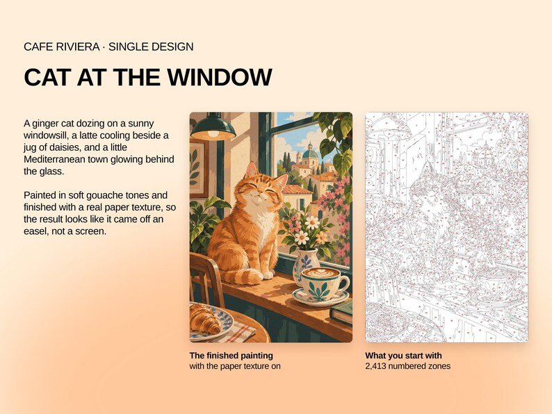 May include: A paint-by-numbers kit titled CAFE RIVIERA CAT AT THE WINDOW. It displays a finished painting of a ginger cat on a windowsill with a latte and daisies, alongside a line-art template featuring 2,413 numbered zones for painting.