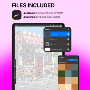 May include: A digital Procreate paint-by-number template featuring a flower shop illustration with numbered sections, a layers menu, and a numbered color palette. The files included are a .procreate layers numbered template and .swatches palette.