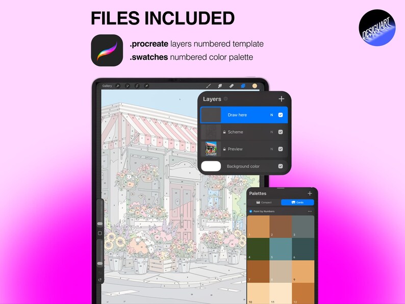 May include: A digital Procreate paint-by-number template featuring a flower shop illustration with numbered sections, a layers menu, and a numbered color palette. The files included are a .procreate layers numbered template and .swatches palette.