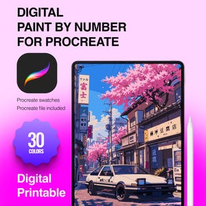 May include: A digital paint by number set for Procreate featuring a white sports car on a street with cherry blossoms and Japanese signage. The graphic includes the text Digital Paint By Number For Procreate, 30 Colors, and Digital Printable.