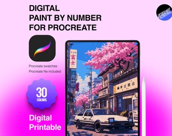 May include: A digital paint by number set for Procreate featuring a white sports car on a street with cherry blossoms and Japanese signage. The graphic includes the text Digital Paint By Number For Procreate, 30 Colors, and Digital Printable.