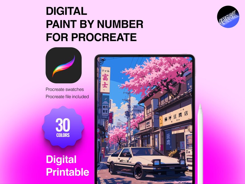 May include: A digital paint by number set for Procreate featuring a white sports car on a street with cherry blossoms and Japanese signage. The graphic includes the text Digital Paint By Number For Procreate, 30 Colors, and Digital Printable.