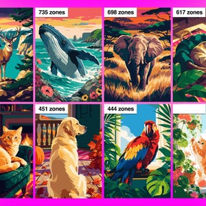 Puede incluir: Una colecci&oacute;n de ocho paneles de pintura por n&uacute;meros con varios animales, incluyendo un ciervo, una ballena, un elefante, gatos, un perro y un loro. Cada panel muestra una escena distinta con el n&uacute;mero de zonas indicado arriba.