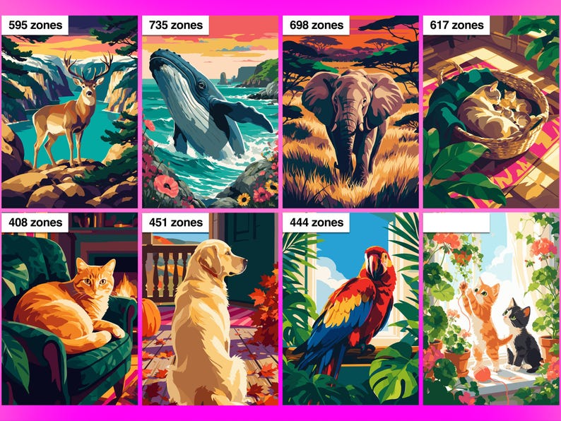 Puede incluir: Una colecci&oacute;n de ocho paneles de pintura por n&uacute;meros con varios animales, incluyendo un ciervo, una ballena, un elefante, gatos, un perro y un loro. Cada panel muestra una escena distinta con el n&uacute;mero de zonas indicado arriba.