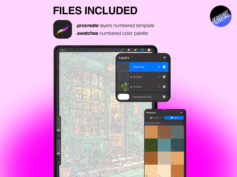May include: A digital paint-by-number template for Procreate featuring a bookstore illustration with numbered sections. Includes a layers panel, a numbered color palette, and text stating FILES INCLUDED, .procreate layers numbered template, and .swatches numbered color palette.
