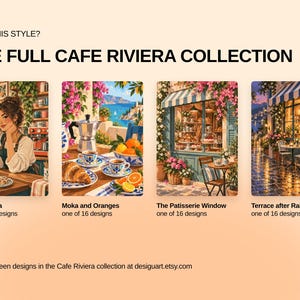 May include: Four rectangular art prints from The Full Cafe Riviera Collection. The images depict a barista, a moka pot with oranges, a patisserie window, and a cafe terrace after rain. Each print is labeled as one of sixteen available designs.