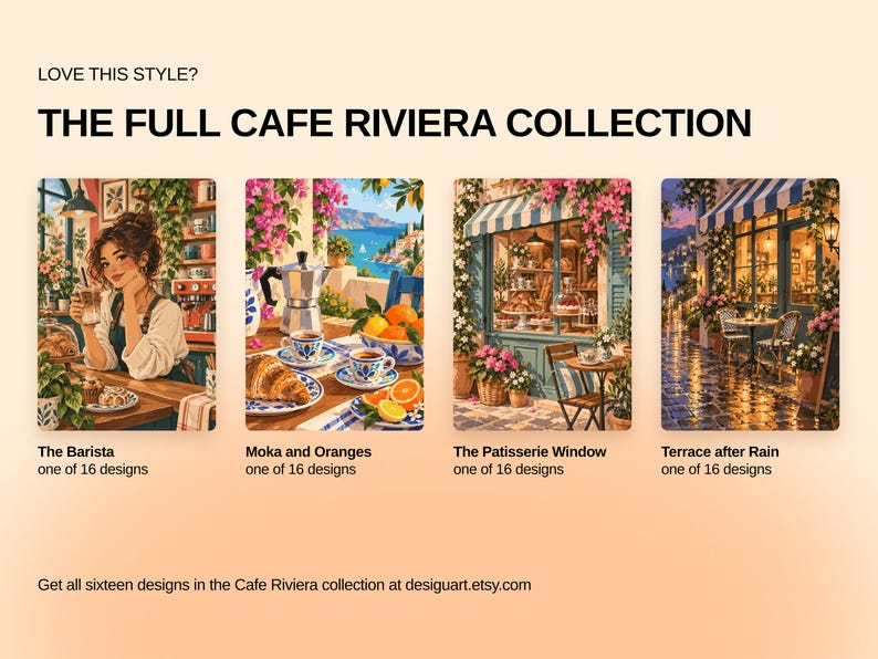 May include: Four rectangular art prints from The Full Cafe Riviera Collection. The images depict a barista, a moka pot with oranges, a patisserie window, and a cafe terrace after rain. Each print is labeled as one of sixteen available designs.