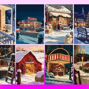 May include: A collection of eight winter-themed illustrations featuring a porch with a wreath, a neon-lit diner with the text DLERTC, a snow-covered shop, a town square with a Christmas tree, a library window, a red barn, a theater, and a dinner table.
